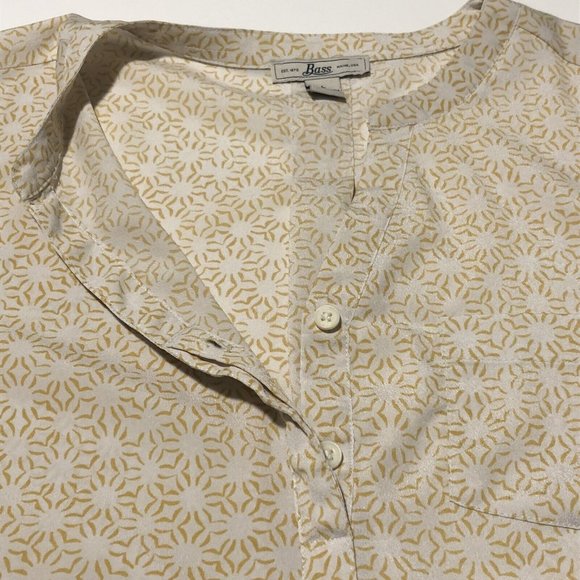 Bass Yellow Print Blouse Adjustable Long Sleeves Notched V Neck  Large 70s Style - Picture 7 of 16